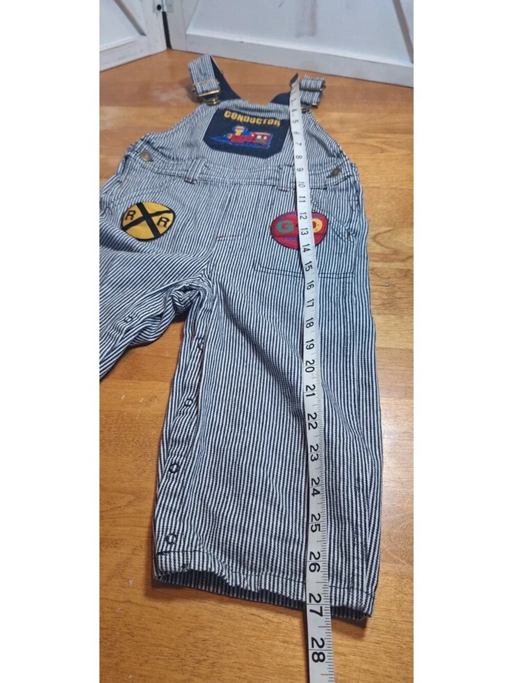 VTG Gymboree Blue/White Pinstriped Train Conductor Overalls Sz 18-24 Months Boys